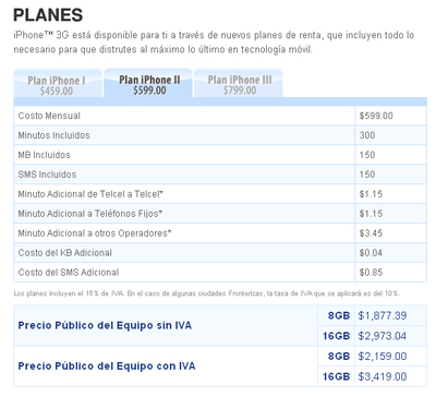 Planes iPhone 3g telcel